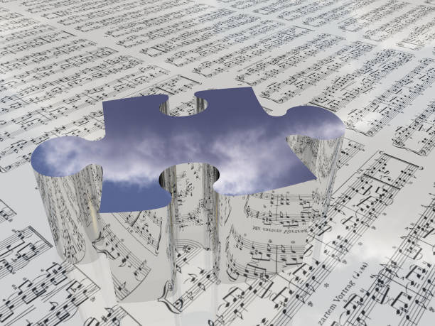 istock Puzzle and sheet music reflecting clouds Sheet music is proviede with 3D software used to create this image and no realese is needed 666569688