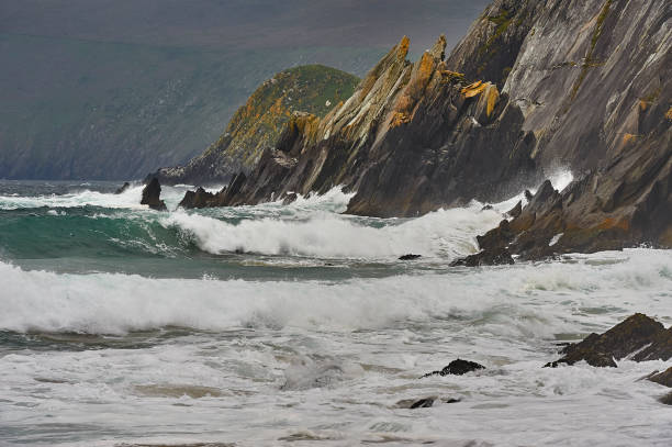 High angle view of breaking waves and rocky coastline, seascape ,  A Coruña province, Galicia, Spain. Camino de Santiago, camino inglés.