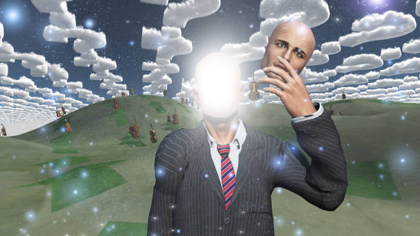 istock Man removes face showing lightn in landscape with question shaped clouds 666573164