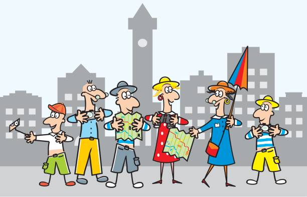 ilustraciones, imágenes clip art, dibujos animados e iconos de stock de turistas en la ciudad - people personal accessory town hat