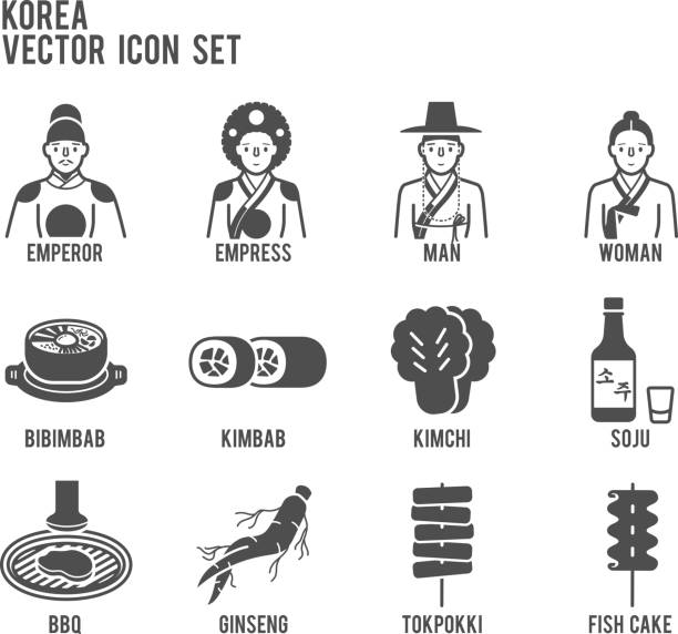 ilustraciones, imágenes clip art, dibujos animados e iconos de stock de conjunto de iconos de vector de comida de corea firma tradicional - fish cakes illustrations