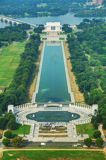 Abraham Lincoln and WWII memorial in Washington, DC aerial view