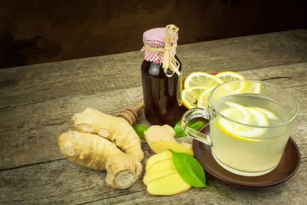 Homemade ginger tea with lemon. Treatment of influenza and colds. Traditional folk medicine