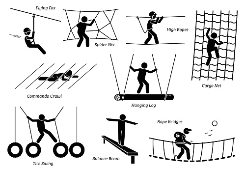 Artworks depict games at eco resort which includes flying fox, spider net, high ropes walk, cargo net climbing, crawl, hanging log, tire swing, balance beam, and rope bridges.