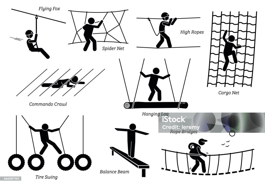 Eco Resort Activities. Artworks depict games at eco resort which includes flying fox, spider net, high ropes walk, cargo net climbing, crawl, hanging log, tire swing, balance beam, and rope bridges. Icon Symbol stock vector