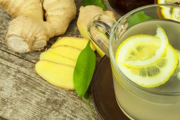 Homemade ginger tea with lemon. Treatment of influenza and colds. Traditional folk medicine