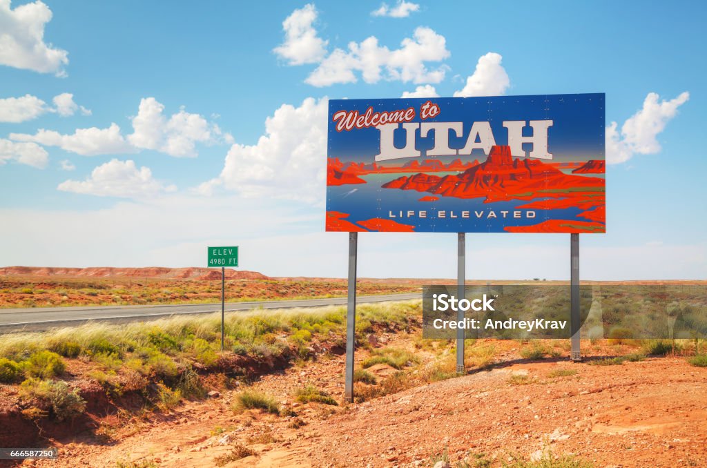 Welcome to Utah road sign Welcome to Utah road sign at the state border Utah Stock Photo