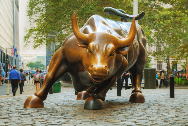 charging bull sculpture in new york city - wall street imagens e fotografias de stock