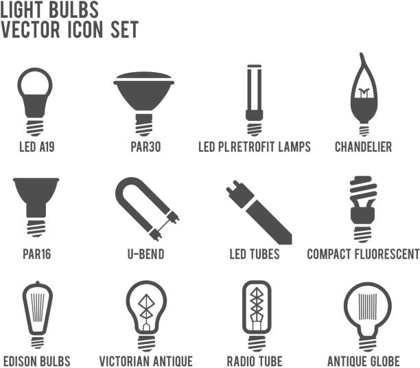 ilustraciones, imágenes clip art, dibujos animados e iconos de stock de conjunto de iconos de vector de bombillas - bombilla de edison