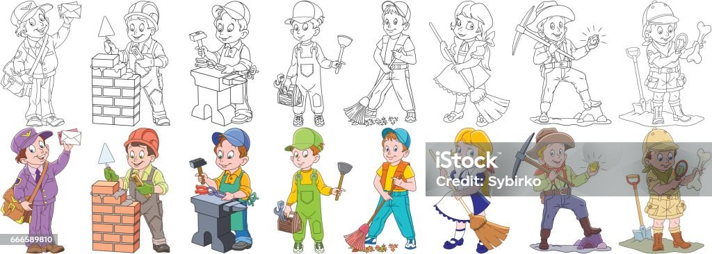 cartoon people professions set Cartoon working people set. Collection of professions. Postman, builder, blacksmith, plumber, cleaner sweeping, gold miner, archaeological explorer. Coloring book pages for kids. Coloring stock vector