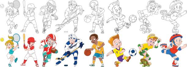 illustrations, cliparts, dessins animés et icônes de caricature sportive enfants ensemble - soccer child silhouette sport
