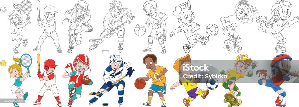 cartoon sportive children set Cartoon sportive children set. Sport collection. Boys and girls playing tennis, baseball, american football (rugby), hockey, basketball, roller skating, skateboarding. Coloring book pages for kids. Sport stock vector
