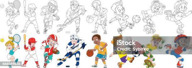 Cartoon Sportive Children Set Stock Illustration - Download Image Now - Sport, Child, Coloring