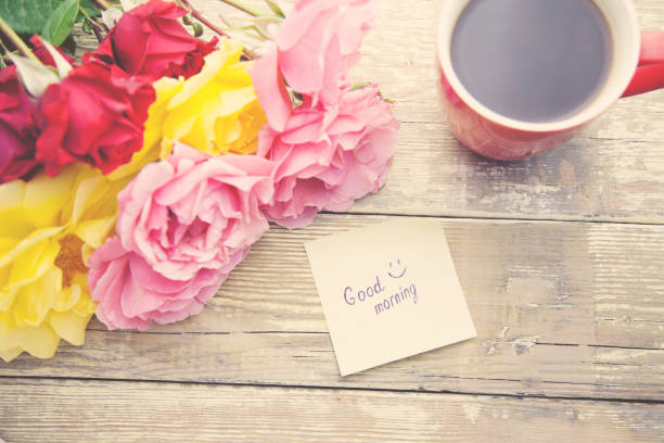 istock coffee, rose and '' good morning '' writing on paper 666593556