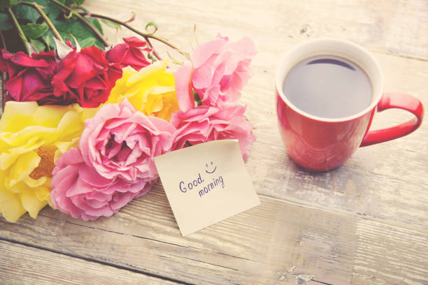 istock coffee, rose and '' good morning '' writing on paper 666593672