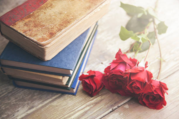 istock beautiful roses on book on wooden table 666593722