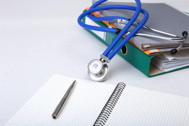 istock Folder file, stethoscope and RX prescription on the desk. blurred background. 666600040