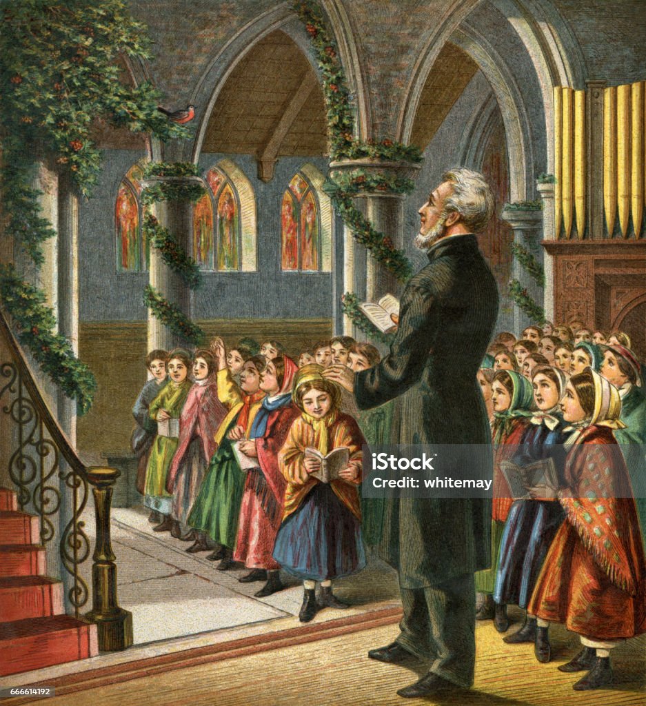 Victorian congregation singing Christmas carols in church A church congregation singing Christmas carols. The vicar and some of the children have spotted a cheerful robin sitting amongst the holly and greenery which is decorating the church. From “Aunt Louisa’s London Toy Books: The Robin’s Christmas Eve” published in London by Frederick Warne & Co, c1867. Caroler stock illustration