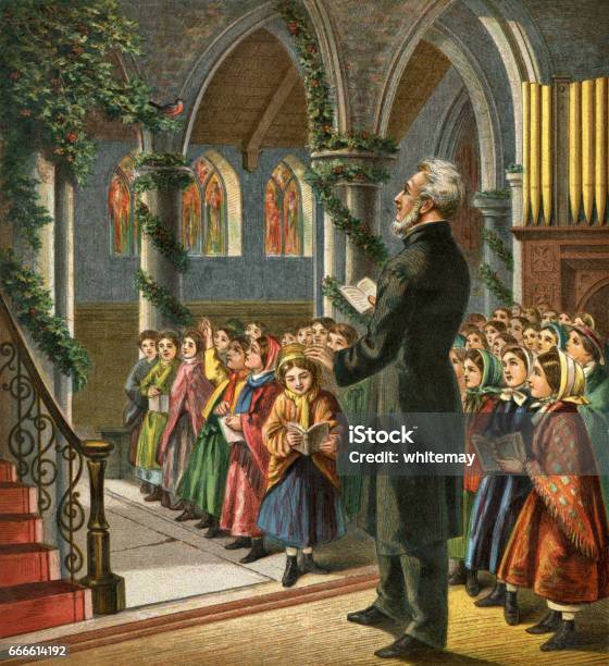 Victorian Congregation Singing Christmas Carols In Church Stock Illustration - Download Image Now