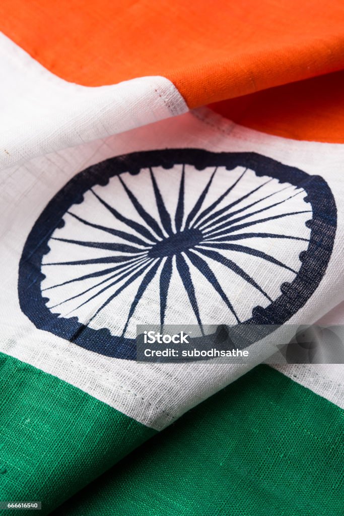 Closeup picture of indian flag made up of pure cotton or khadi, showing texture, selective focus Backgrounds Stock Photo