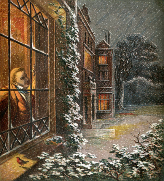 ilustraciones, imágenes clip art, dibujos animados e iconos de stock de victoriano caballero mirando por una ventana en la nieve - english heritage illustrations