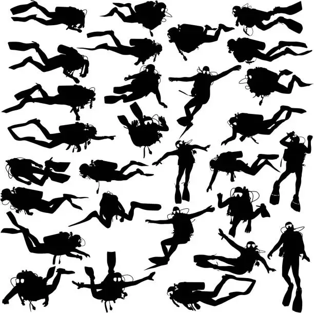 Vector illustration of Set black silhouette scuba divers. Vector illustration