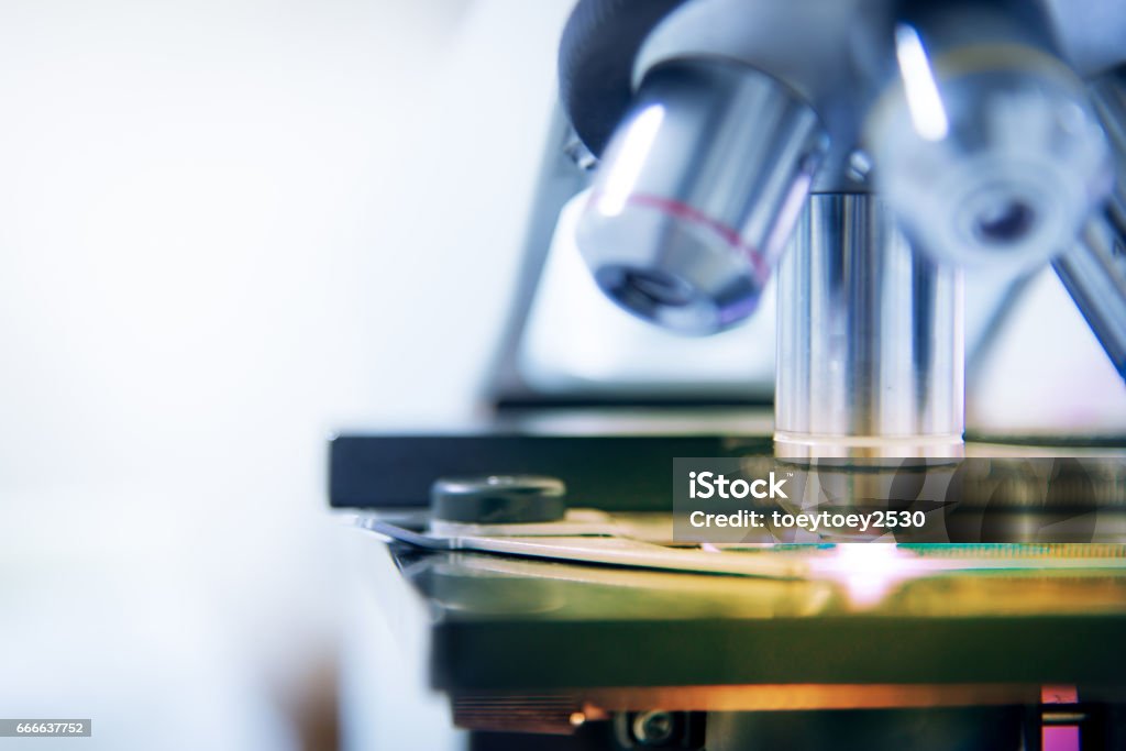 Le apparecchiature di laboratorio microscpope trovano test in tono bianco. - Foto stock royalty-free di Microscopio