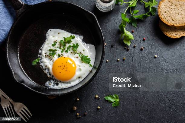 Fried Egg Stock Photo - Download Image Now - Cast Iron, Cooking Pan, Cooking