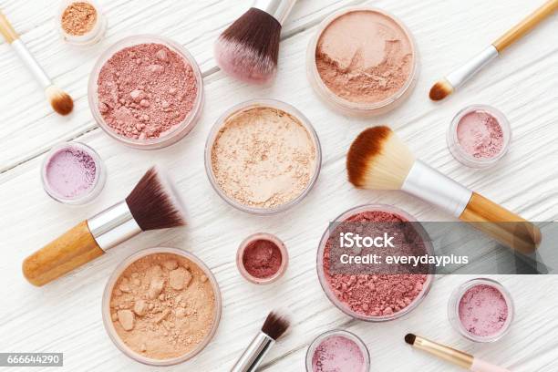 Makeup Powder And Brushes On White Wood Flat Lay Stock Photo - Download Image Now - Make-Up, Face Powder, Beauty Product