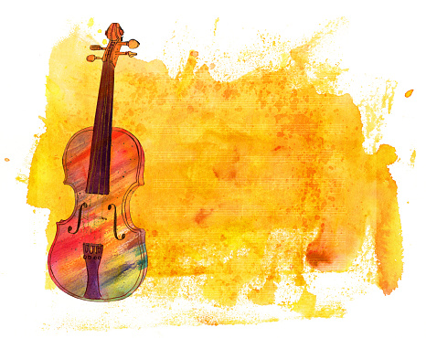 A watercolor drawing of a violin on an abstract acrylic golden background texture with a rough edge on white background, with faded sheet music and a place for text