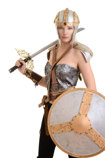 isolated female warrior with helmet and shield on white