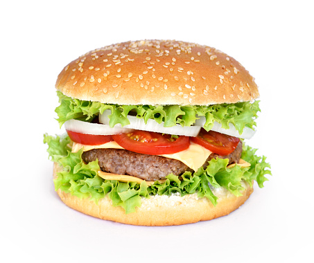 Fresh, delicious burger or cheeseburger with salad, onion rings, tomato and grilled beef. Isolated hamburger, isolated on white background.