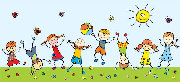 ilustraciones, imágenes clip art, dibujos animados e iconos de stock de niños felices en prado - juegos de preescolar