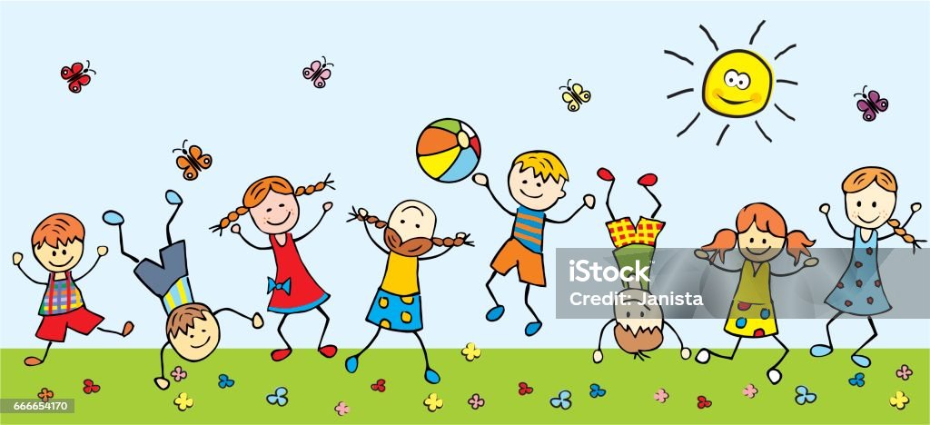 happy children in a meadow Happy children in a meadow, vector illustration. Game with ball. Gambol. Child stock vector