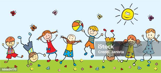 Happy Children In A Meadow Stock Illustration - Download Image Now - Child, Preschool, Leisure Games