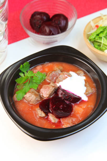 Borsch a Russian soup with fermented or fresh red beet juice as the foundation, called borsch ロシア文化 stock pictures, royalty-free photos & images