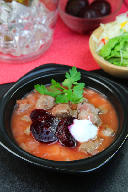 Borsch a Russian soup with fermented or fresh red beet juice as the foundation, called borsch ロシア文化 stock pictures, royalty-free photos & images