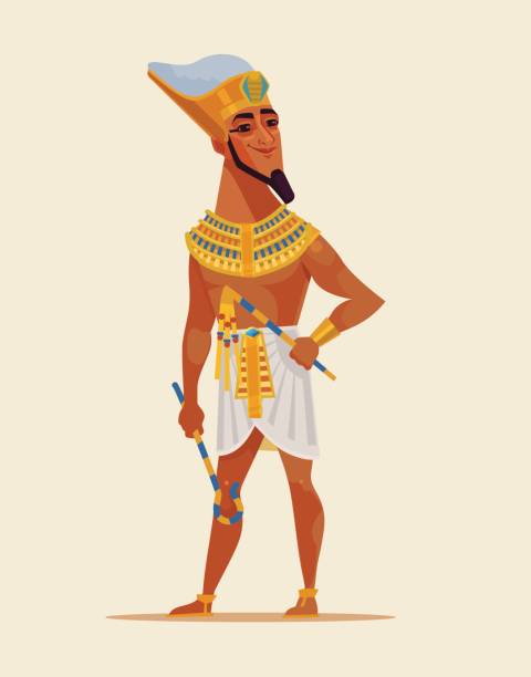szczęśliwy uśmiechnięty młody egipski faraon ubrany w złote ubrania - pharaoh stock illustrations
