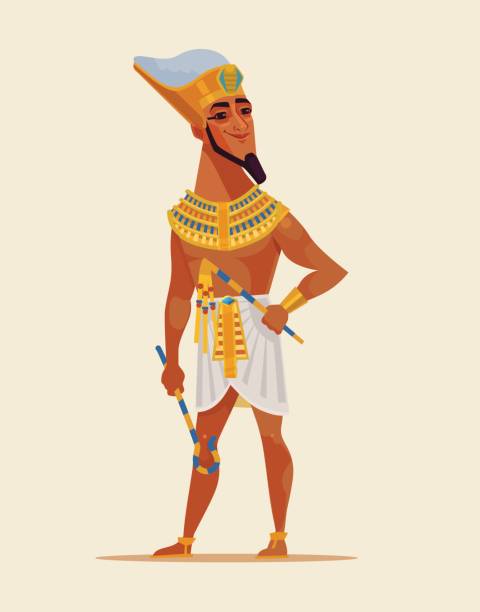 Happy smiling young Egyptian Pharaoh dressed golden clothes Happy smiling young Egyptian Pharaoh dressed golden clothes. Vector flat cartoon illustration pharaoh stock illustrations