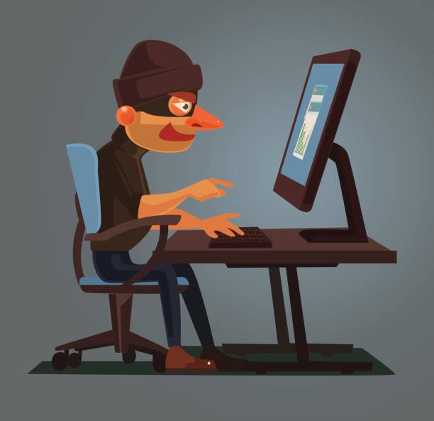 Computer hacker man character trying hack the system. Identity thief Computer hacker man character trying hack the system. Identity thief. Vector flat cartoon illustration computer worm computer bug cartoon stock illustrations