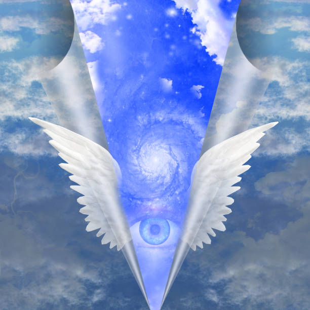 istock Angel wings pull apart seam of mortals to reveal 666657952