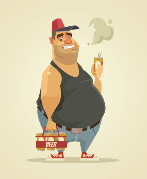 illustrazioni stock, clip art, cartoni animati e icone di tendenza di felice uomo sorridente che fuma sigaretta e beve birra - abdomen addiction adult alcohol