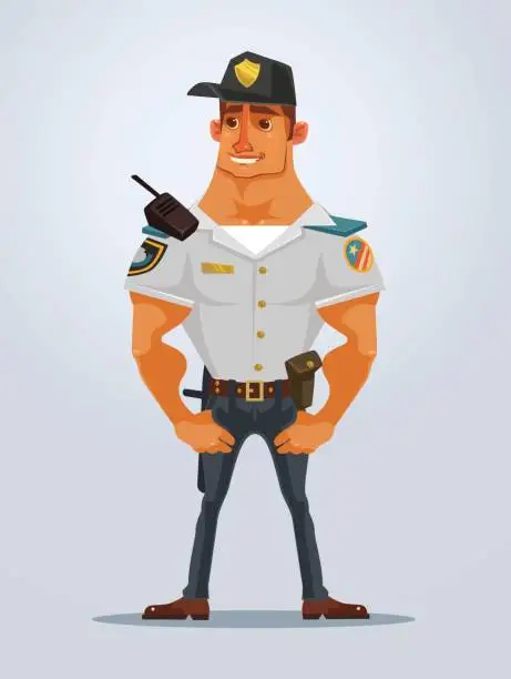 Vector illustration of Happy smiling strong muscular policeman character mascot