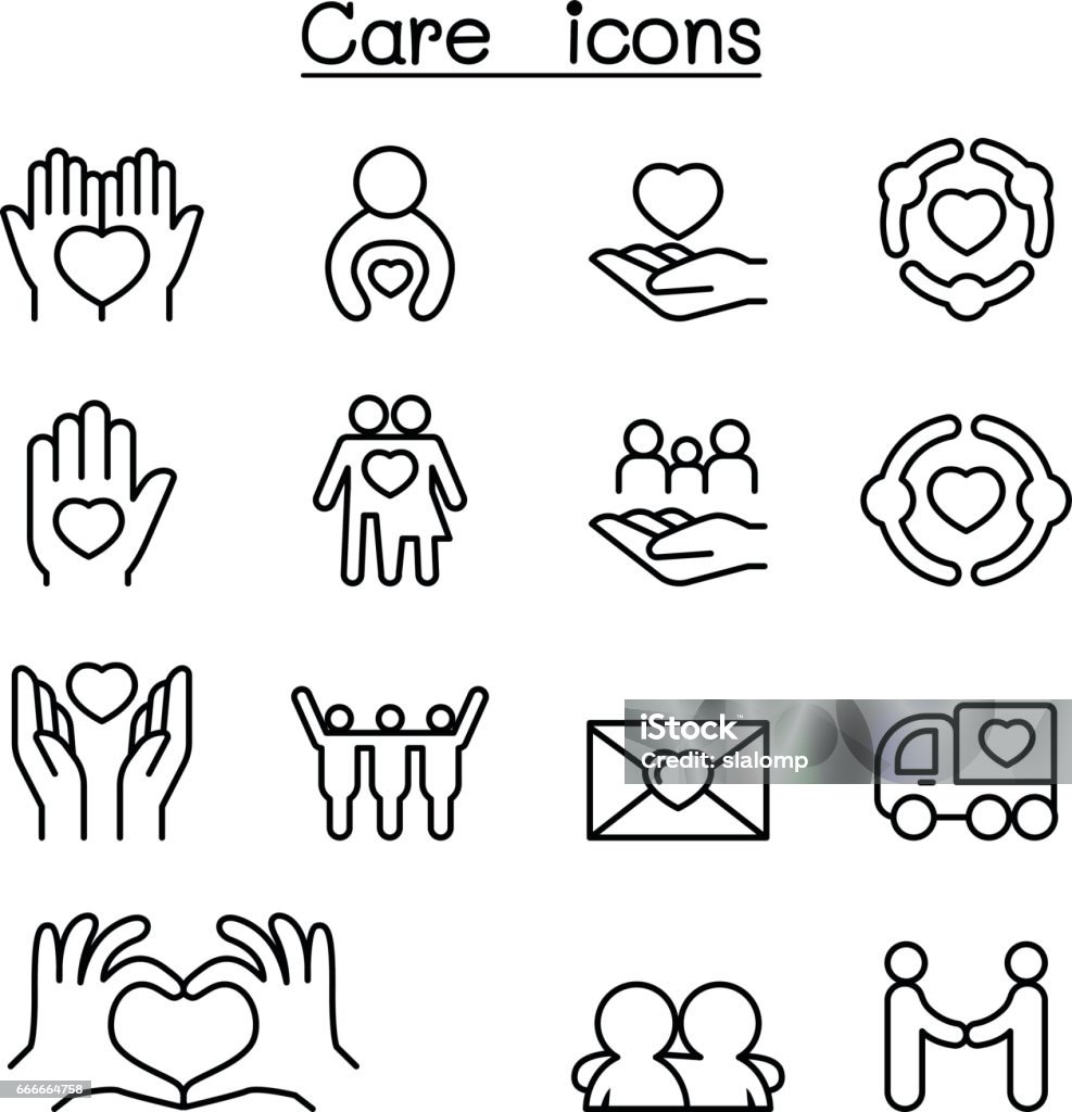 Care, Charity, Kindness icon set in thin line style Icon Symbol stock vector