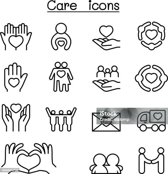 Care Charity Kindness Icon Set In Thin Line Style Stock Illustration - Download Image Now