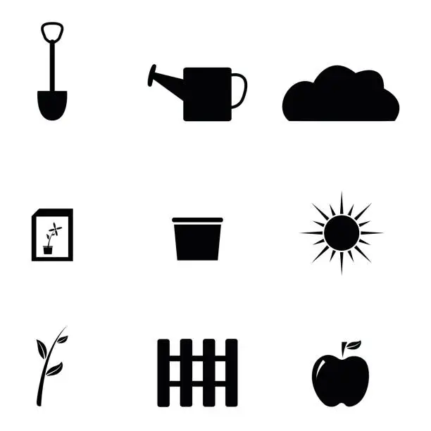 Vector illustration of Gardening tools and farming equipment icons.