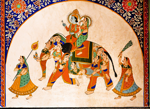 Fresco viejo con Krishna y Radha, montar a caballo del elefante extraño photo