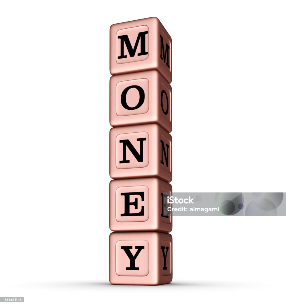 MONEY word sign. Vertical Stack of Rose Gold Toy Blocks. MONEY word sign. Vertical Stack of Rose Gold Toy Blocks. 3D illustration on white background. Balance Stock Photo