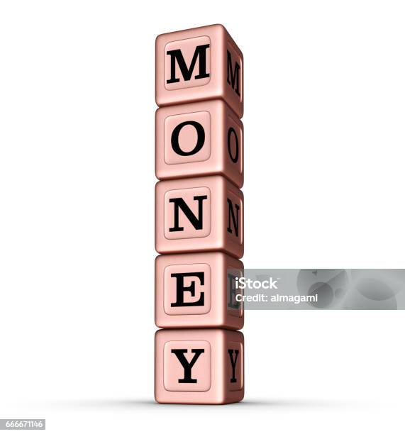 Money Word Sign Vertical Stack Of Rose Gold Toy Blocks Stock Photo - Download Image Now