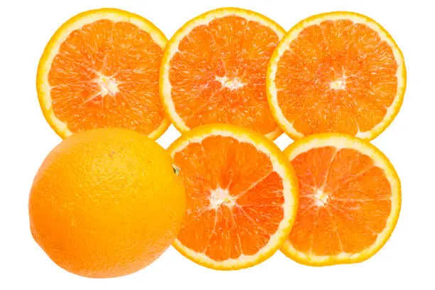background and texture of fresh orange fruit and  slices isolated on white